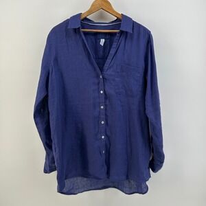 Sigrid Olsen Womens Indigo 100% Linen Button Down Roll Tab Sleeve Shirt Large
